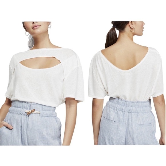 Free People Linen Short Sleeve Keyhole June T-Shirt white size M - Picture 1 of 8